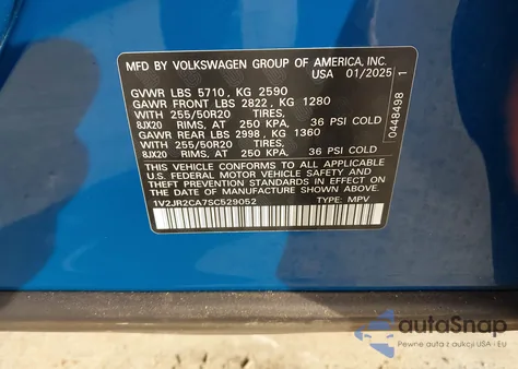 2025 Volkswagen Atlas 2.0T Se W/Technology from USA, damaged, VIN 1V2JR2CA7SC529052